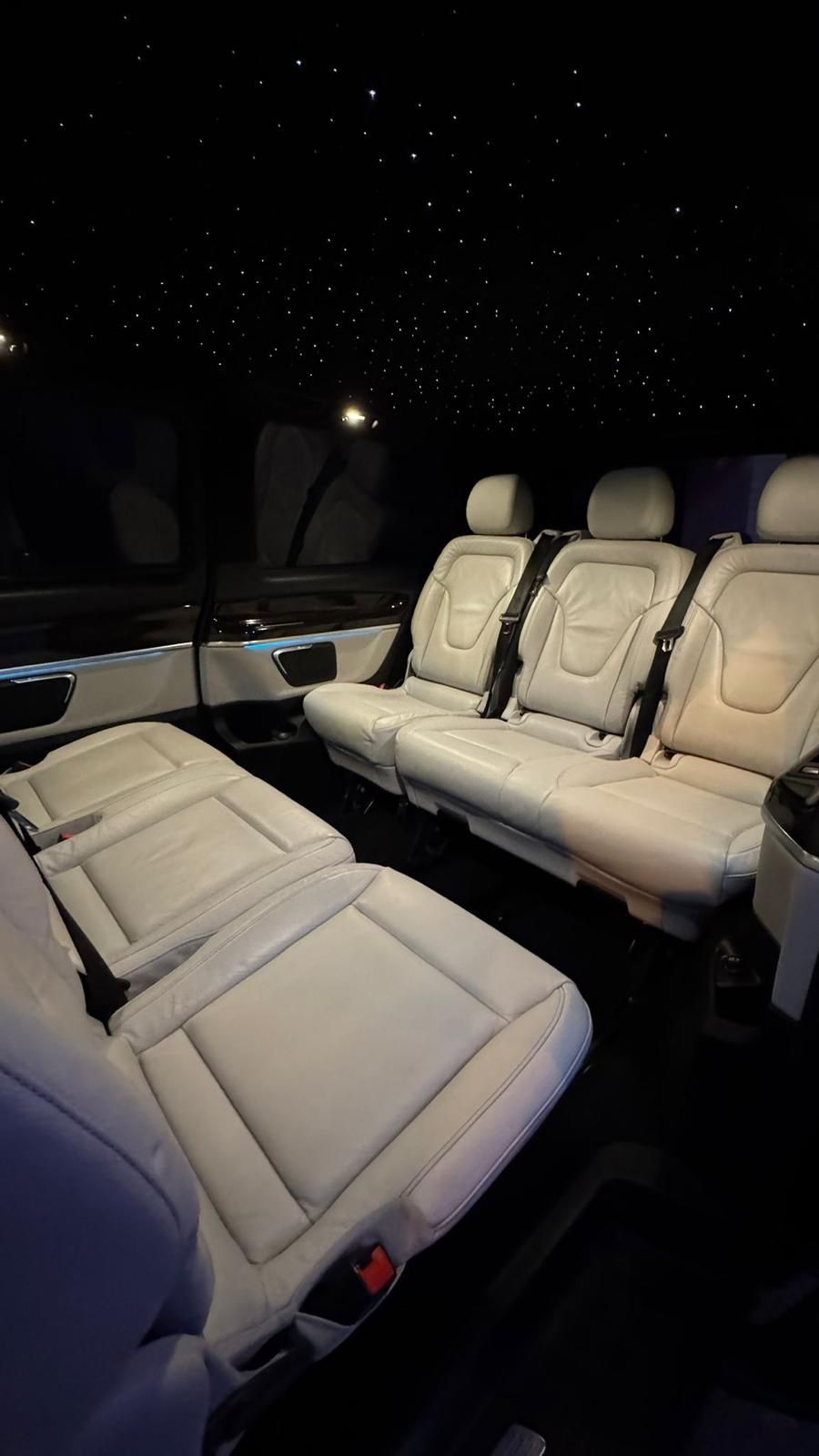 Cream leather interior of the Mercedes V-Class in the Ibiza fleet