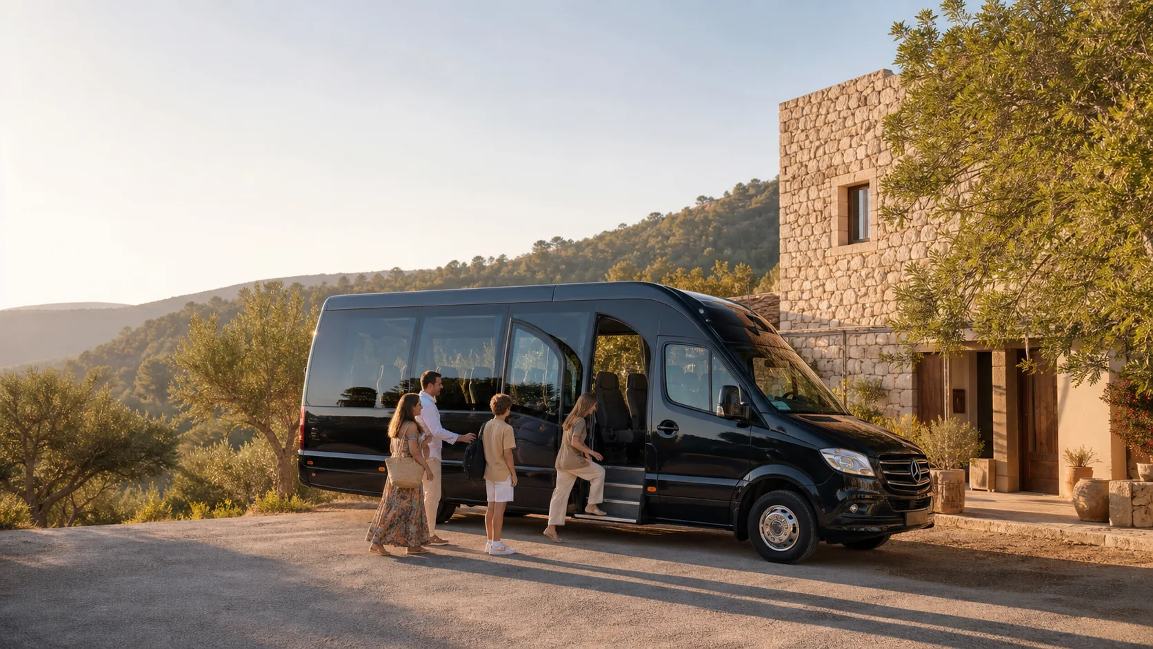 Private black Mercedes minibus collecting a group from an Ibiza countryside villa