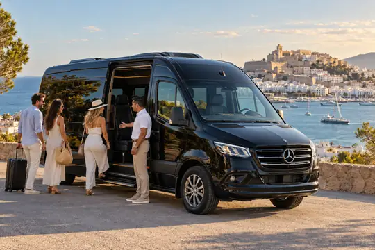 Private driver Ibiza welcoming a group beside a Mercedes minibus