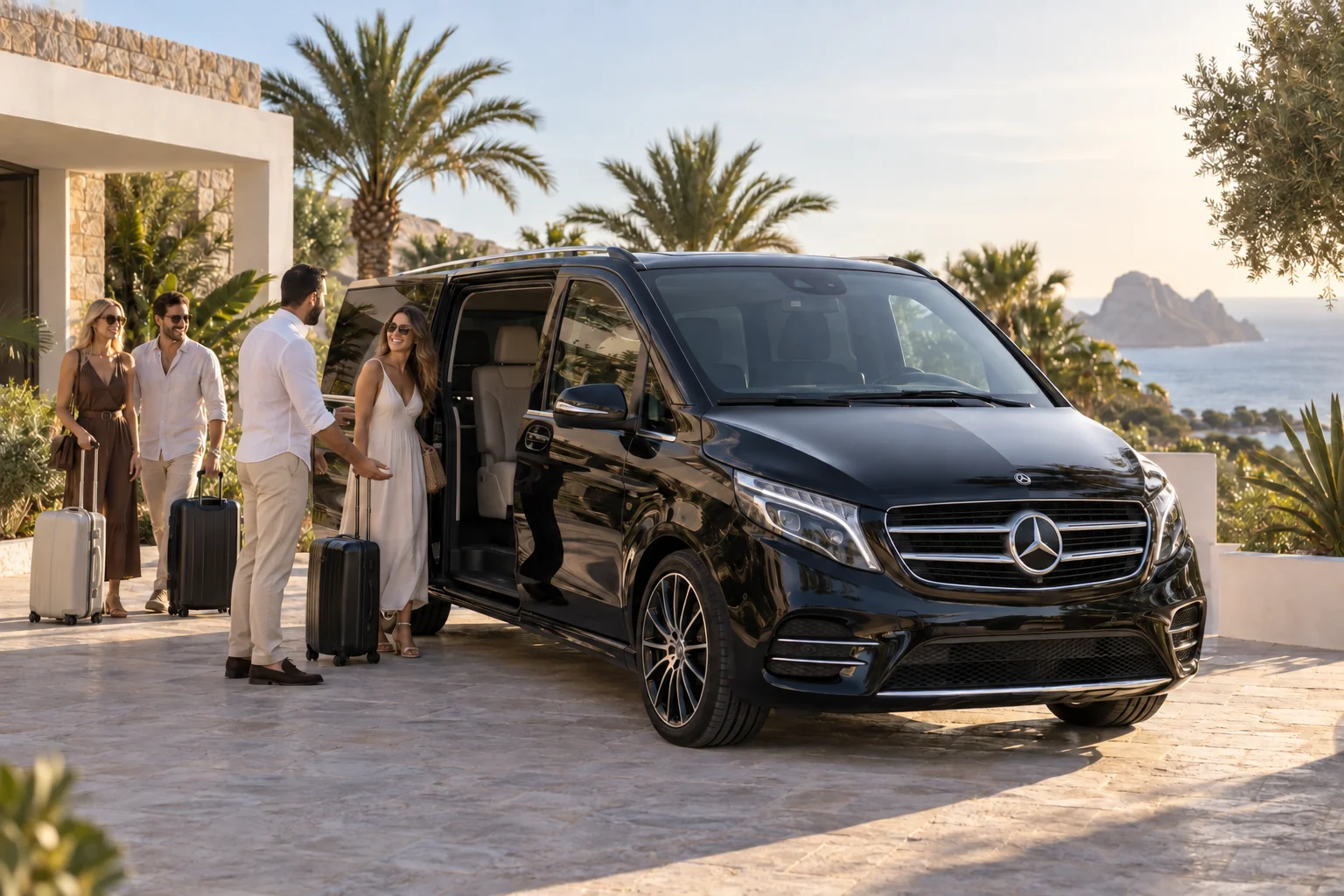 Mercedes V-Class collecting guests at a villa for dinner in Ibiza